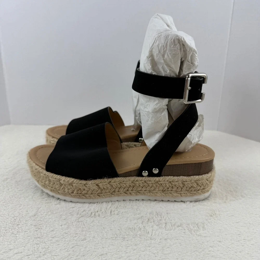 SODA‎ Black Espadrille Platform Wedge Sandals Ankle Strap Buckle Women's 7.5